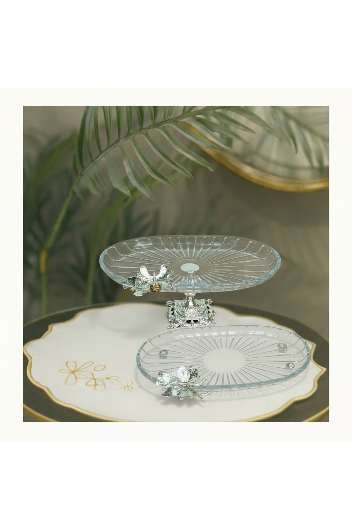 2 li Paşabahçe Kristal Metal Ayaklı Gümüş Oval Düz Pasta Sunumluk Kurabiyelik Gümüş Oval Düz