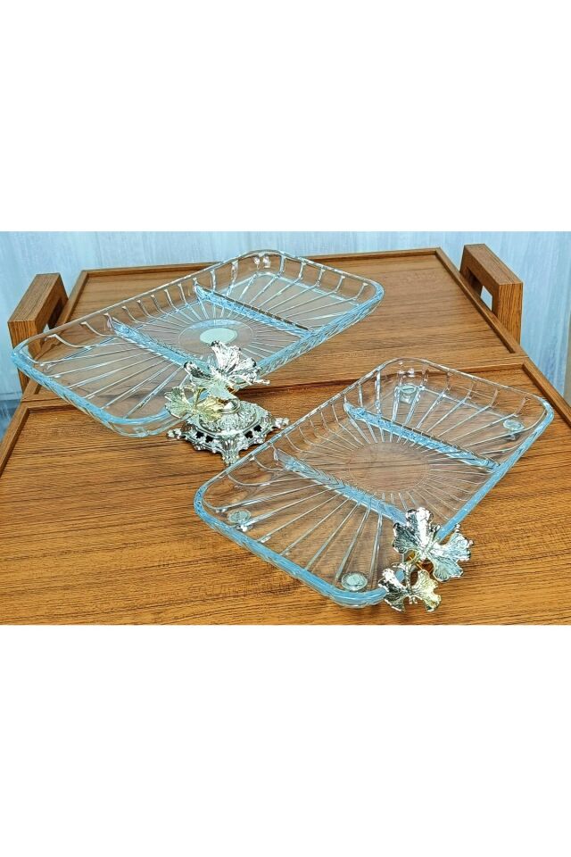 2 li Paşabahçe Kristal Metal Ayaklı Gümüş Oval Düz Pasta Sunumluk Kurabiyelik Gümüş Kare Bölmeli