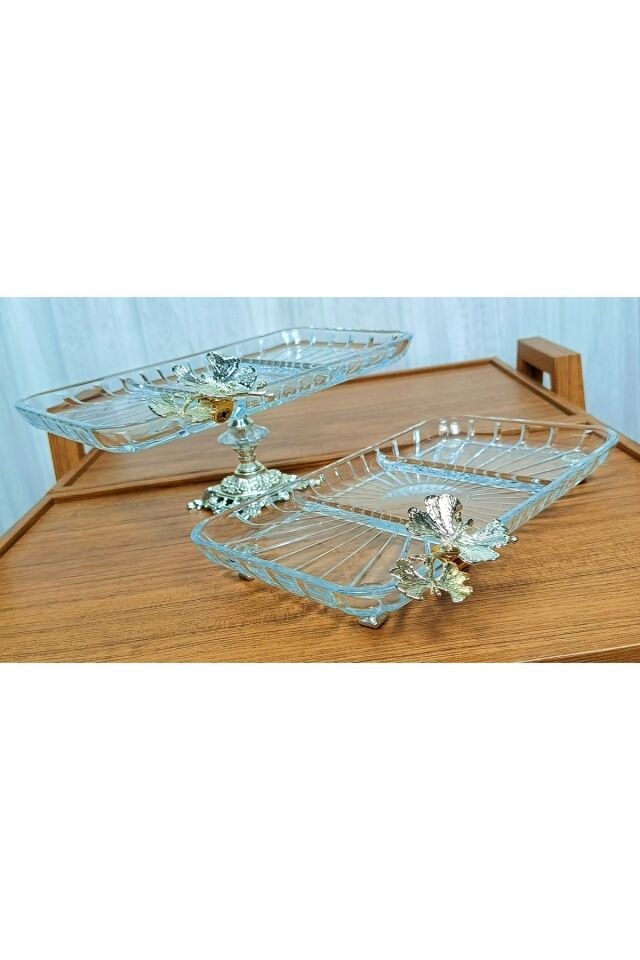 2 li Paşabahçe Kristal Metal Ayaklı Gümüş Oval Düz Pasta Sunumluk Kurabiyelik Gümüş Kare Bölmeli