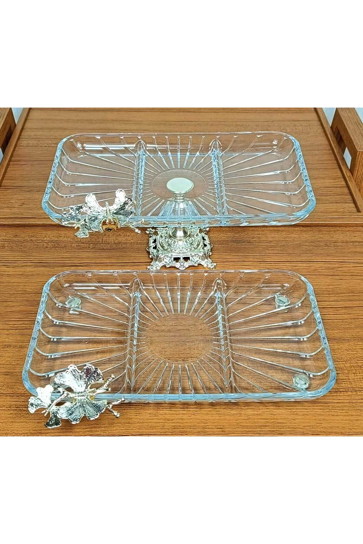 2 li Paşabahçe Kristal Metal Ayaklı Gümüş Oval Düz Pasta Sunumluk Kurabiyelik Gümüş Kare Bölmeli