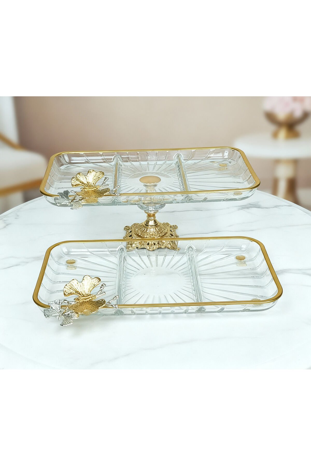 2 li Paşabahçe Kristal Metal Ayaklı Gümüş Oval Düz Pasta Sunumluk Kurabiyelik Kare Bölmeli