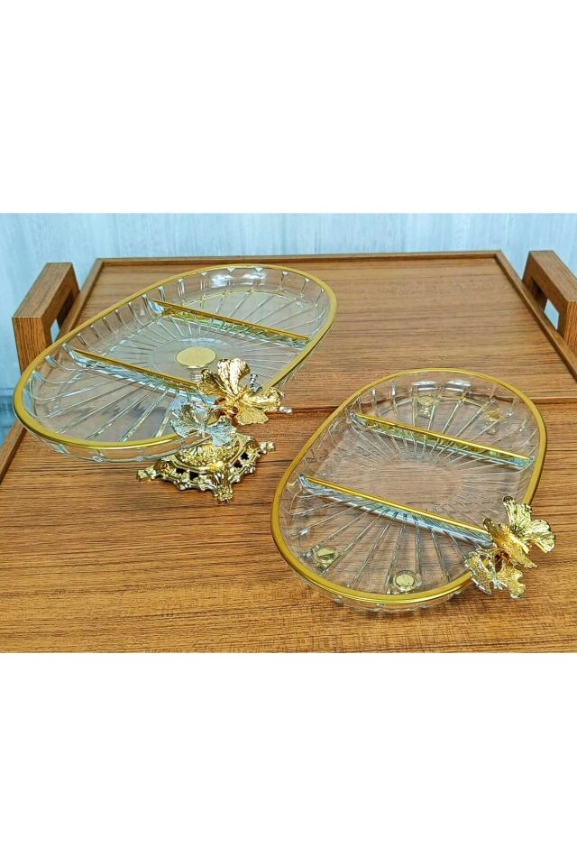 2 li Paşabahçe Kristal Metal Ayaklı Gümüş Oval Düz Pasta Sunumluk Kurabiyelik Oval Bölmeli
