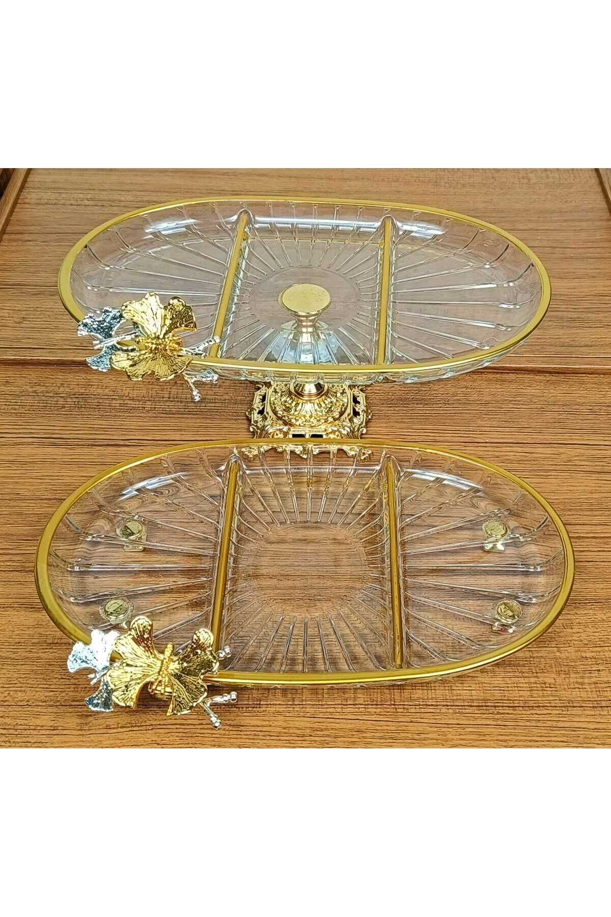 2 li Paşabahçe Kristal Metal Ayaklı Gümüş Oval Düz Pasta Sunumluk Kurabiyelik Oval Bölmeli