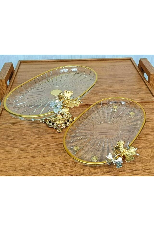 2 li Paşabahçe Kristal Metal Ayaklı Gümüş Oval Düz Pasta Sunumluk Kurabiyelik Oval Düz