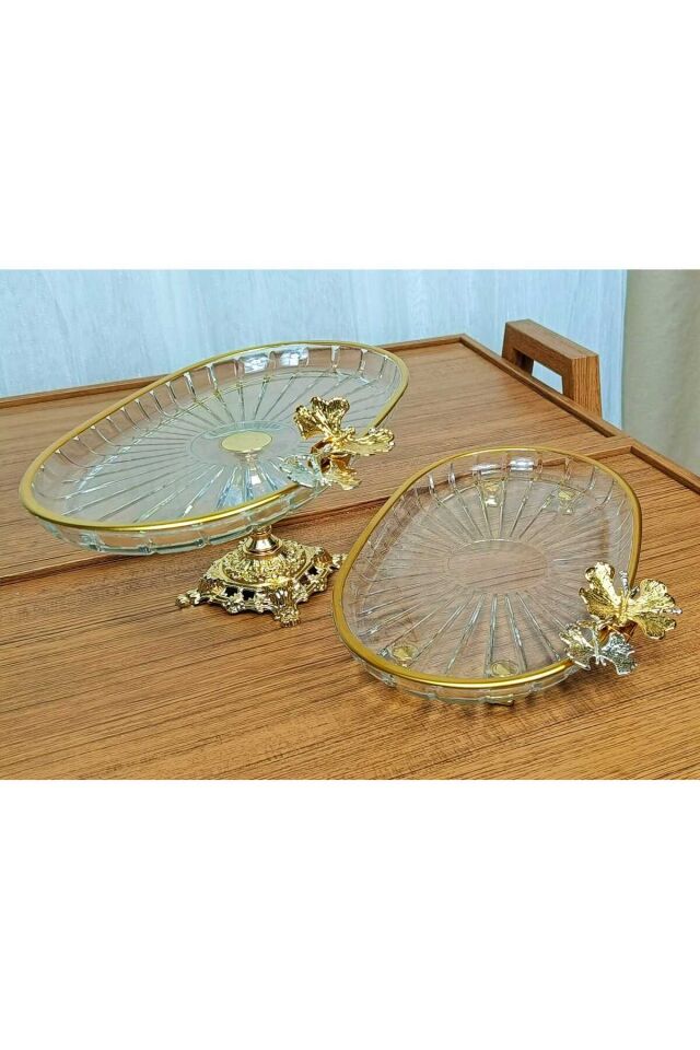 2 li Paşabahçe Kristal Metal Ayaklı Gümüş Oval Düz Pasta Sunumluk Kurabiyelik Oval Düz