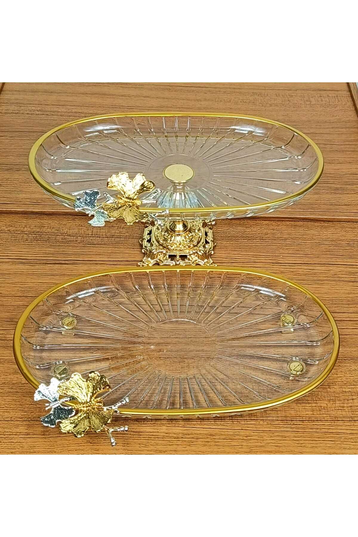 2 li Paşabahçe Kristal Metal Ayaklı Gümüş Oval Düz Pasta Sunumluk Kurabiyelik Oval Düz