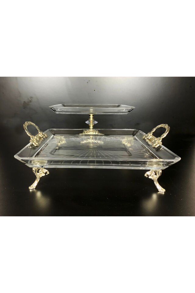 2 li Paşabahçe Kristal Metal Ayaklı Gümüş Oval Düz Pasta Sunumluk Kurabiyelik Gümüş