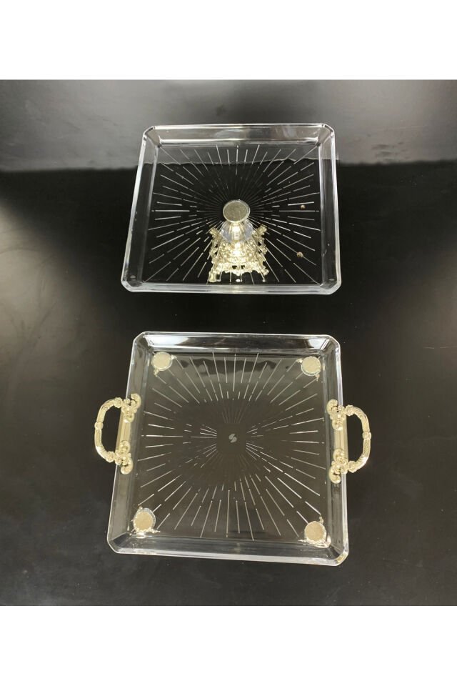 2 li Paşabahçe Kristal Metal Ayaklı Gümüş Oval Düz Pasta Sunumluk Kurabiyelik Gümüş