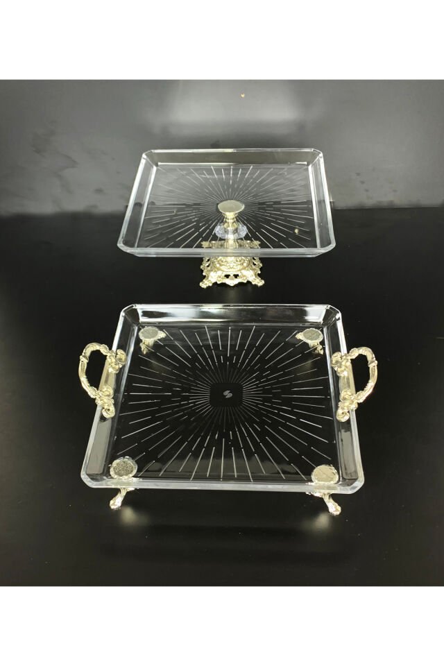 2 li Paşabahçe Kristal Metal Ayaklı Gümüş Oval Düz Pasta Sunumluk Kurabiyelik Gümüş