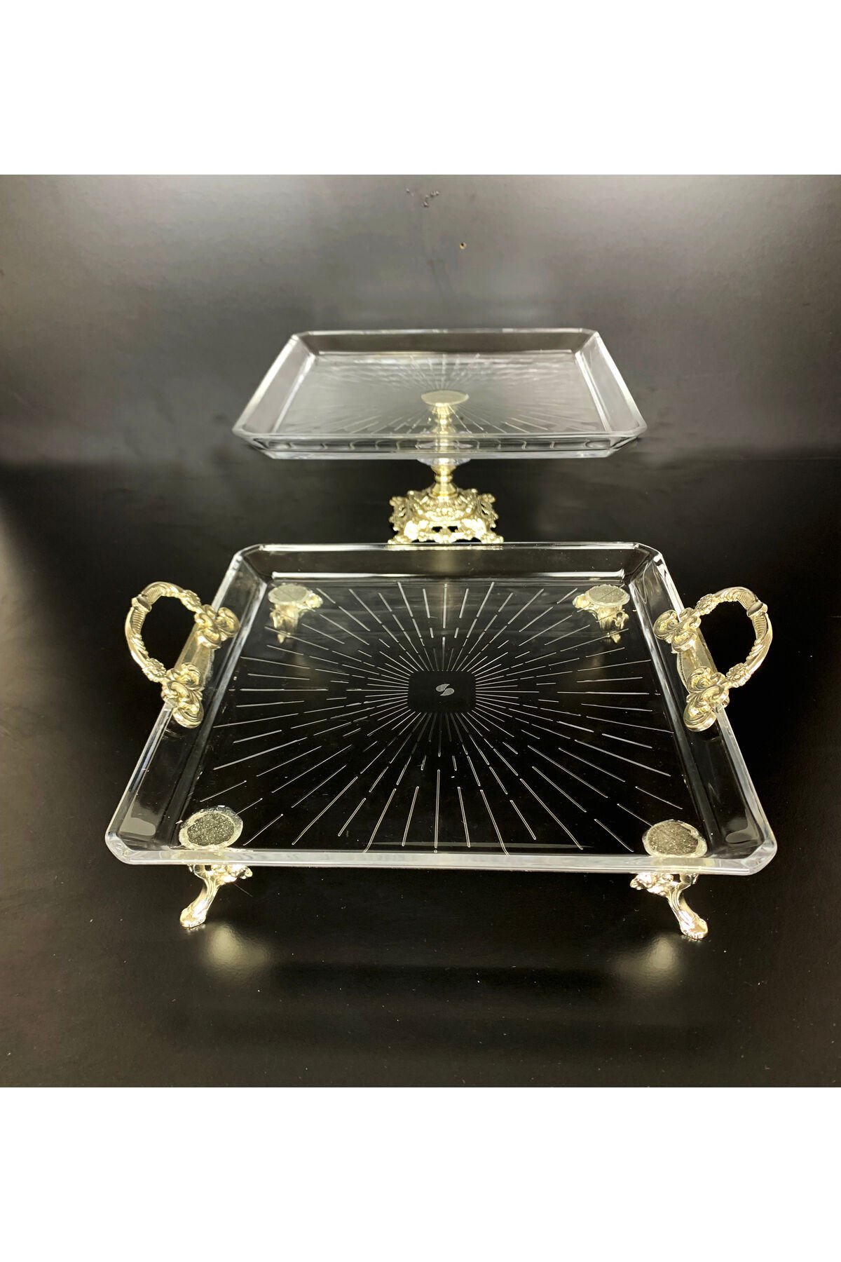 2 li Paşabahçe Kristal Metal Ayaklı Gümüş Oval Düz Pasta Sunumluk Kurabiyelik Gümüş