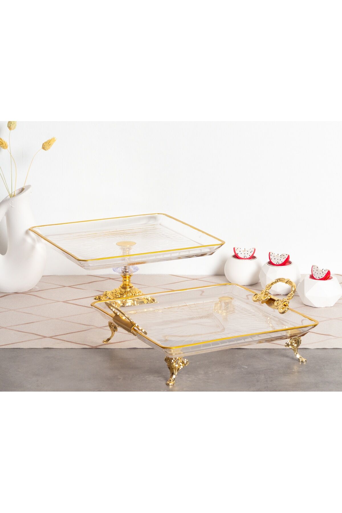 2 li Paşabahçe Kristal Metal Ayaklı Gümüş Oval Düz Pasta Sunumluk Kurabiyelik Gold