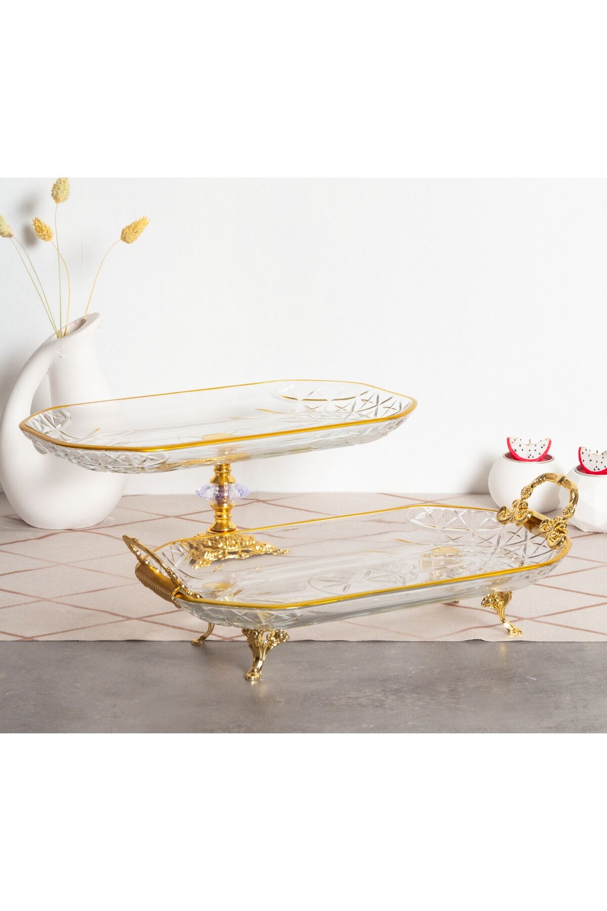 2 li Paşabahçe Kristal Metal Ayaklı Gümüş Oval Düz Pasta Sunumluk Kurabiyelik Yaldız