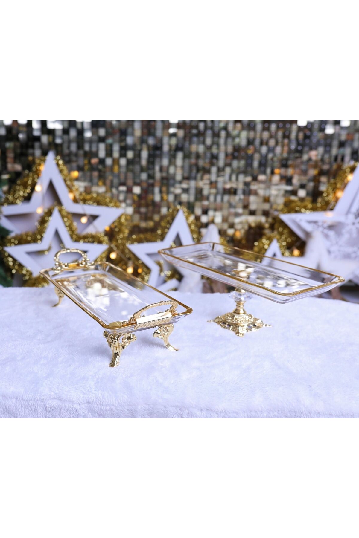 2 li Paşabahçe Kristal Metal Ayaklı Gümüş Oval Düz Pasta Sunumluk Kurabiyelik Yaldızlı