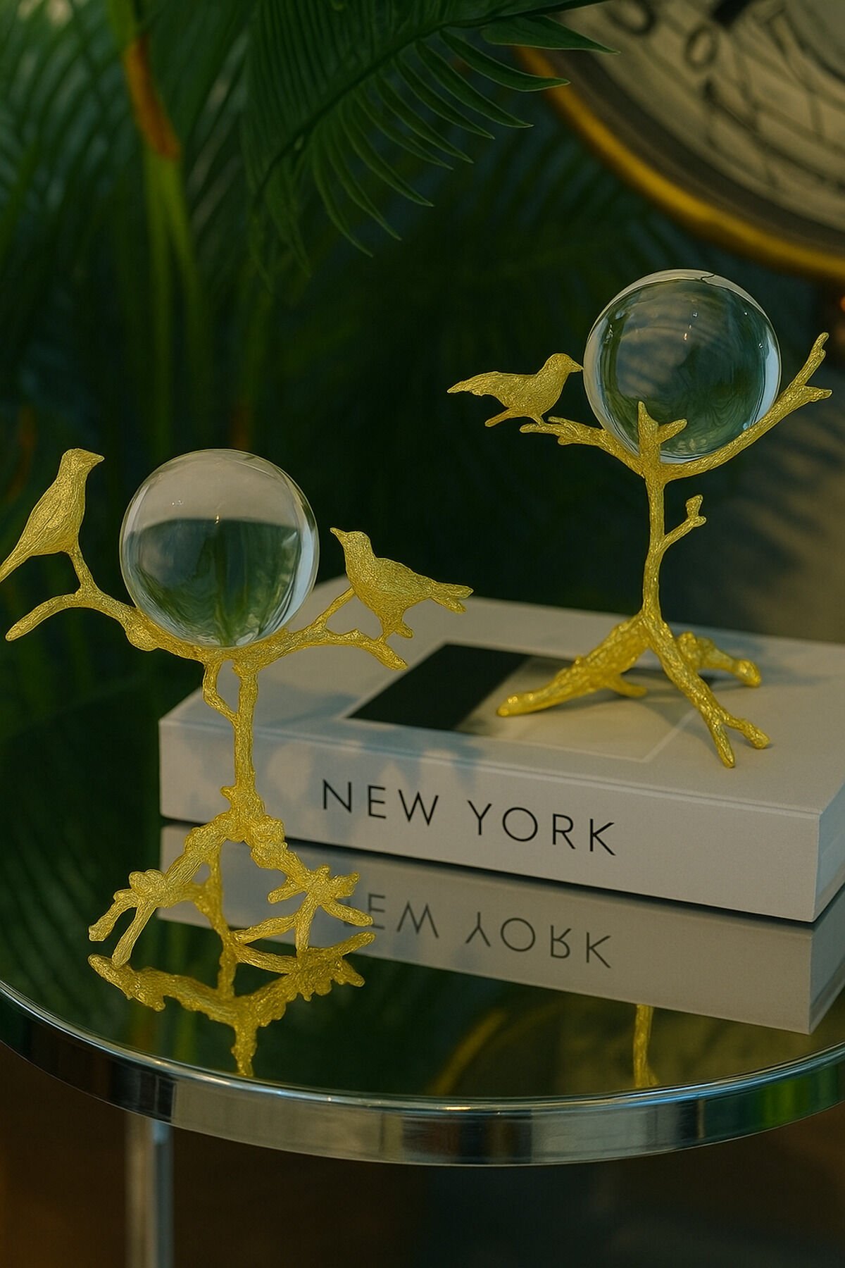 Gümüs Kuş Figürlü Şeffaf Kristal Küre Dekoratif Aksesuar Gold