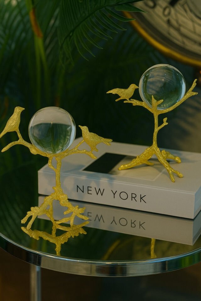 Gümüs Kuş Figürlü Şeffaf Kristal Küre Dekoratif Aksesuar Gold