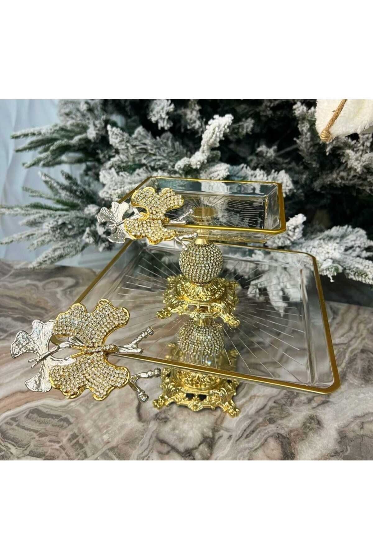 Paşabahçe Gümüş 2 Li Kare Döküm Ayaklı Pasta Sunumluk Kurabiyelik Goldd
