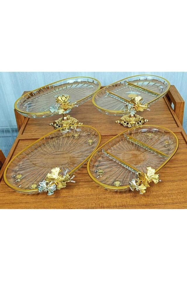 Yeni Seri 4 Parça Paşabahçe Gold Yaldızlı Metal Ayaklı Sunum Seti Kurabiyelik Hediyelik Gold Oval