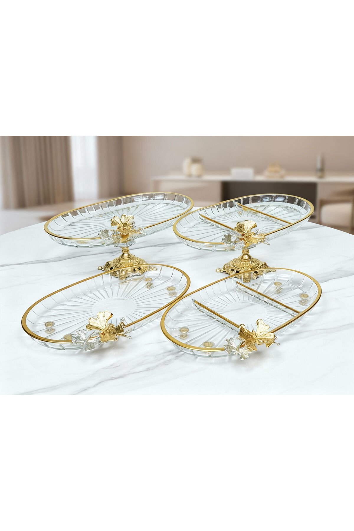Yeni Seri 4 Parça Paşabahçe Gold Yaldızlı Metal Ayaklı Sunum Seti Kurabiyelik Hediyelik Gold Oval