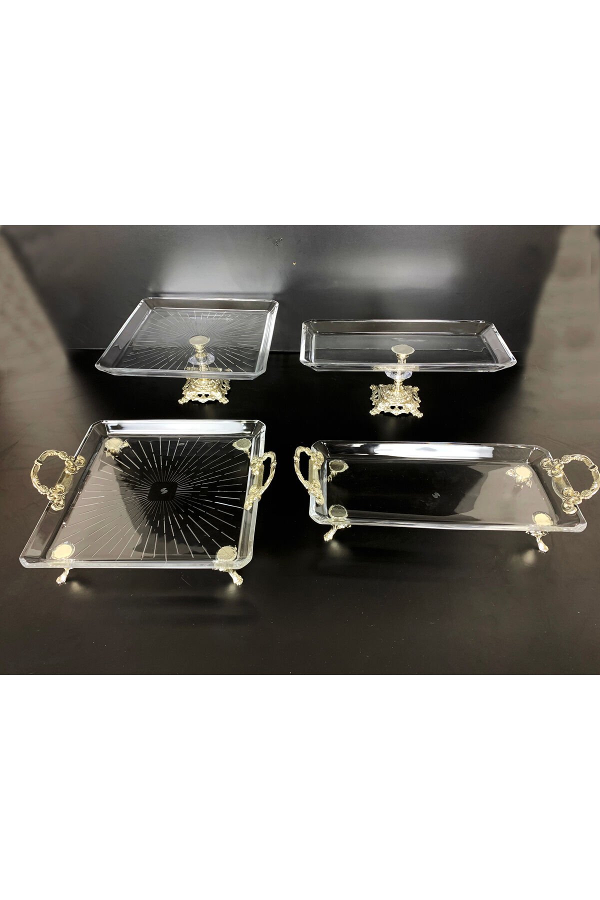 Yeni Seri 4 Parça Paşabahçe Gold Yaldızlı Metal Ayaklı Sunum Seti Kurabiyelik Hediyelik Gümüş