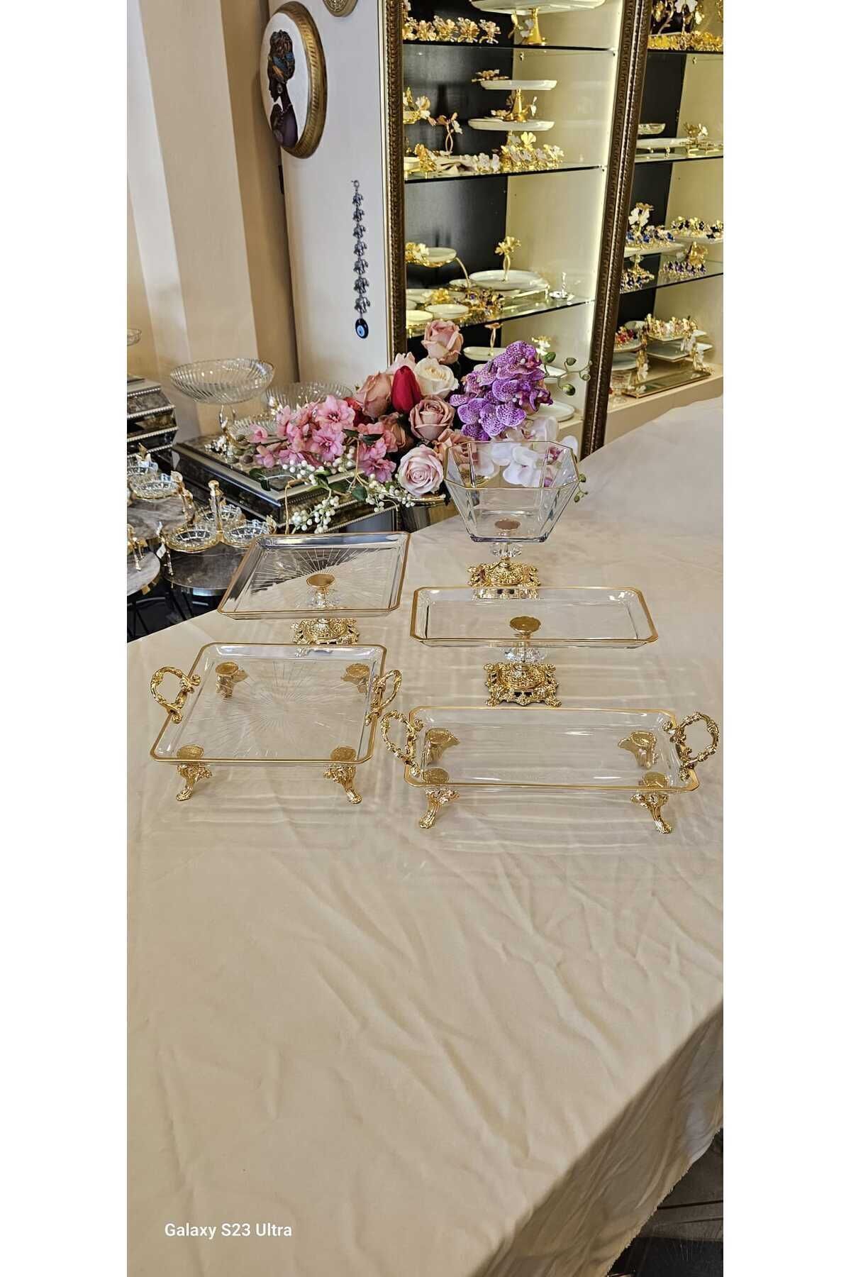 Yeni Seri 4 Parça Paşabahçe Gold Yaldızlı Metal Ayaklı Sunum Seti Kurabiyelik Hediyelik Gold