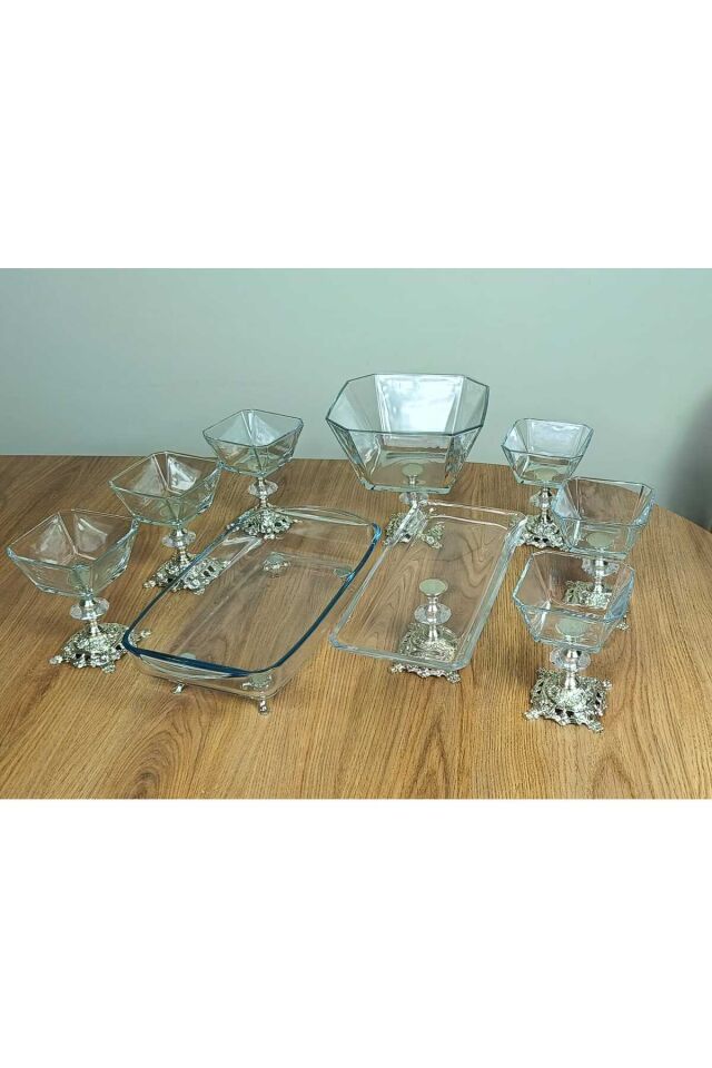 Paşabahçe Gold Detaylı Metal Ayaklı Sunum ve Servis Seti Pasta,Magnolia,Çay Seti,Kurabiyelik Gümüş 9 Parça