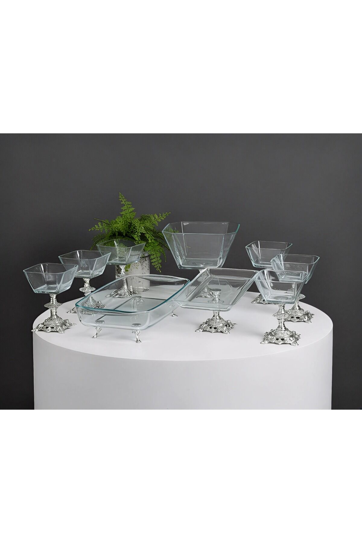 Paşabahçe Gold Detaylı Metal Ayaklı Sunum ve Servis Seti Pasta,Magnolia,Çay Seti,Kurabiyelik Gümüş 9 Parça