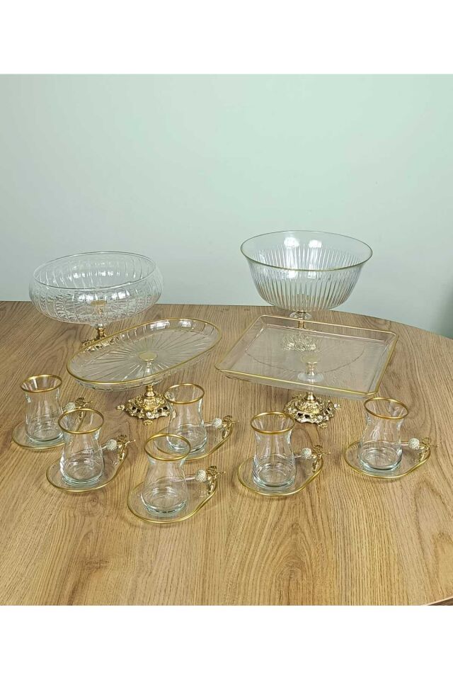 Paşabahçe Gold Detaylı Metal Ayaklı Sunum ve Servis Seti Pasta,Magnolia,Çay Seti,Kurabiyelik Gold 10 Parça