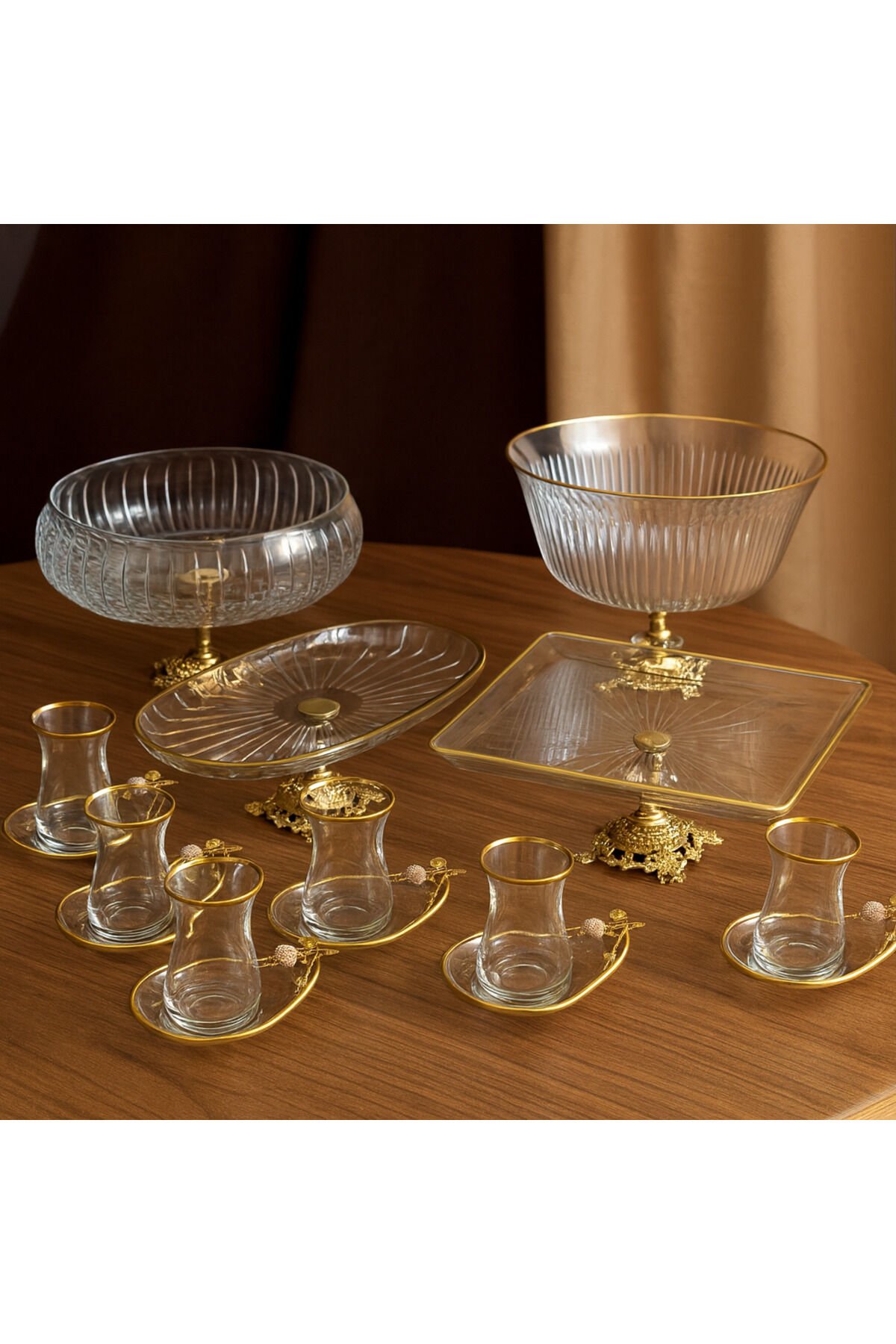 Paşabahçe Gold Detaylı Metal Ayaklı Sunum ve Servis Seti Pasta,Magnolia,Çay Seti,Kurabiyelik Gold 10 Parça