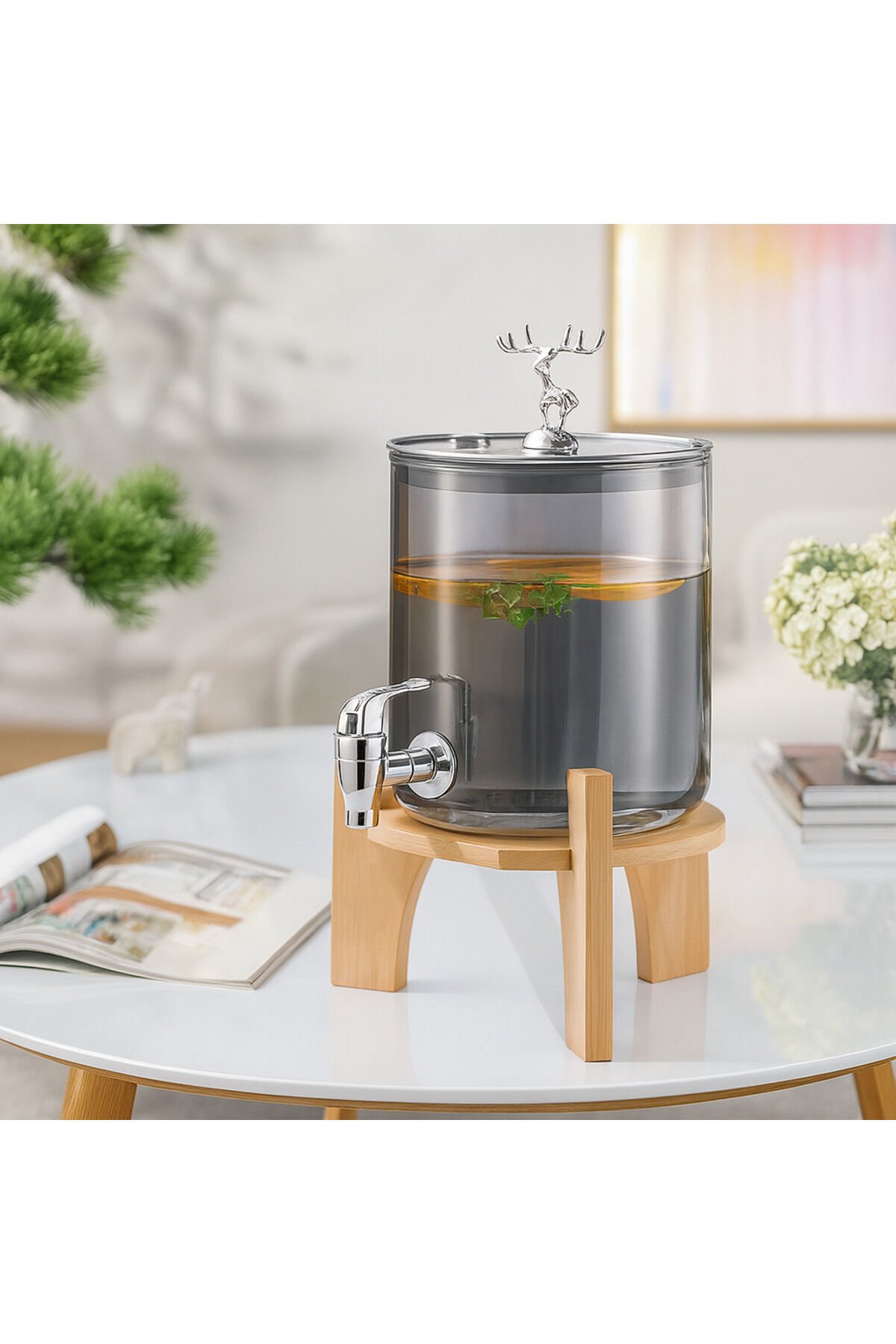 Gümüş Füme Cam Şerbetlik Meşrubatlık – Musluklu ve Ahşap Standlı 3.6 Litre Gümüş