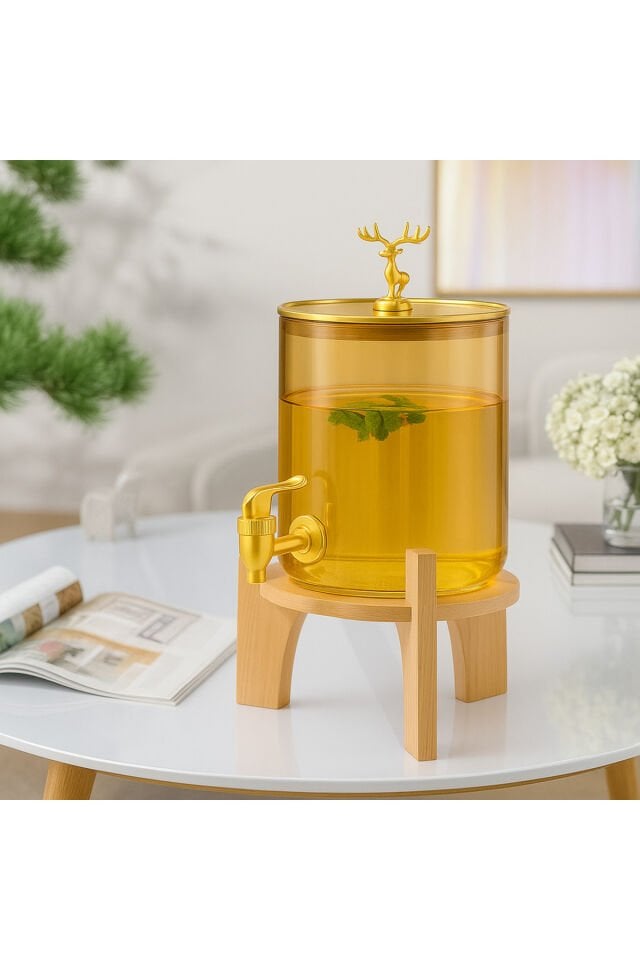 Gümüş Füme Cam Şerbetlik Meşrubatlık – Musluklu ve Ahşap Standlı 3.6 Litre Gold