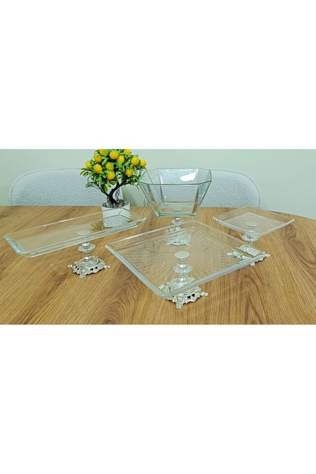 4 Parça Gold Pasta Sunumluk Kurabiyelik Seti Gri