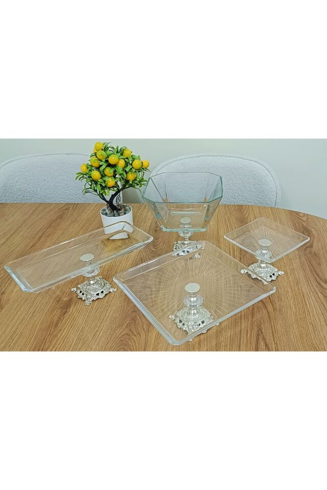 4 Parça Gold Pasta Sunumluk Kurabiyelik Seti Gri