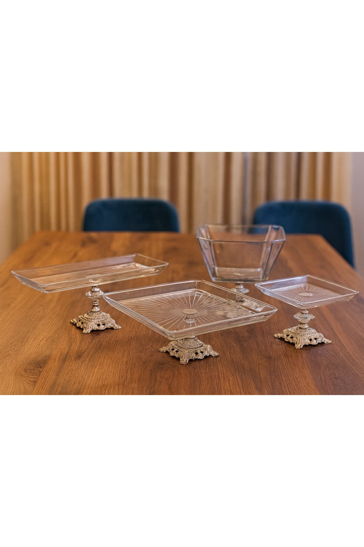 4 Parça Gold Pasta Sunumluk Kurabiyelik Seti Gri