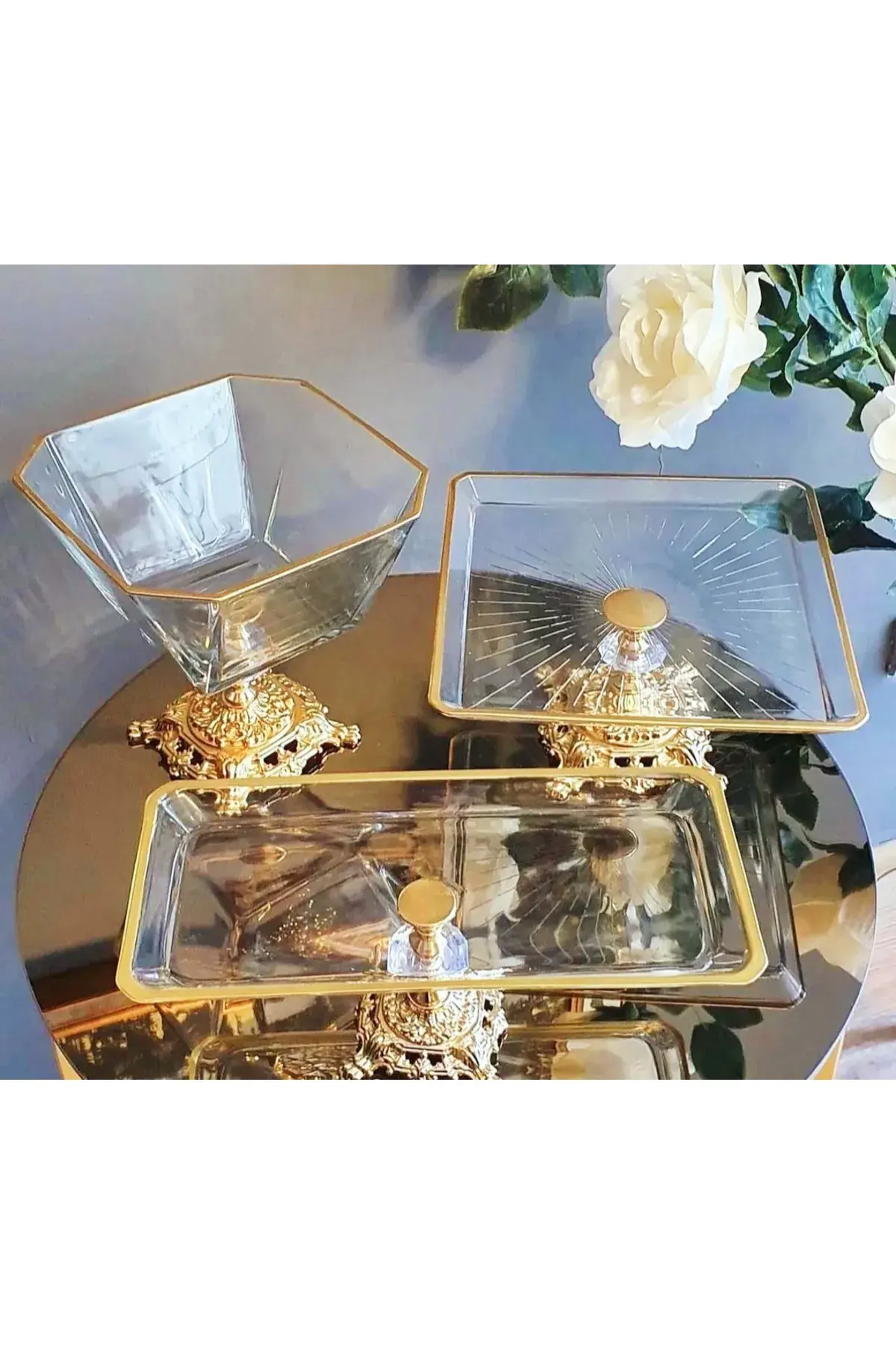 4 Parça Gold Pasta Sunumluk Kurabiyelik Seti Gold