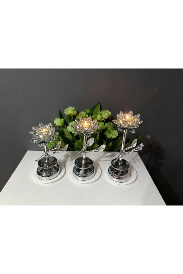 Kristal Taşlı Gold Şamdan 3’lü Set – Lüks Dekoratif Konsol ve Masa Aksesuarı Lotus Gümüş