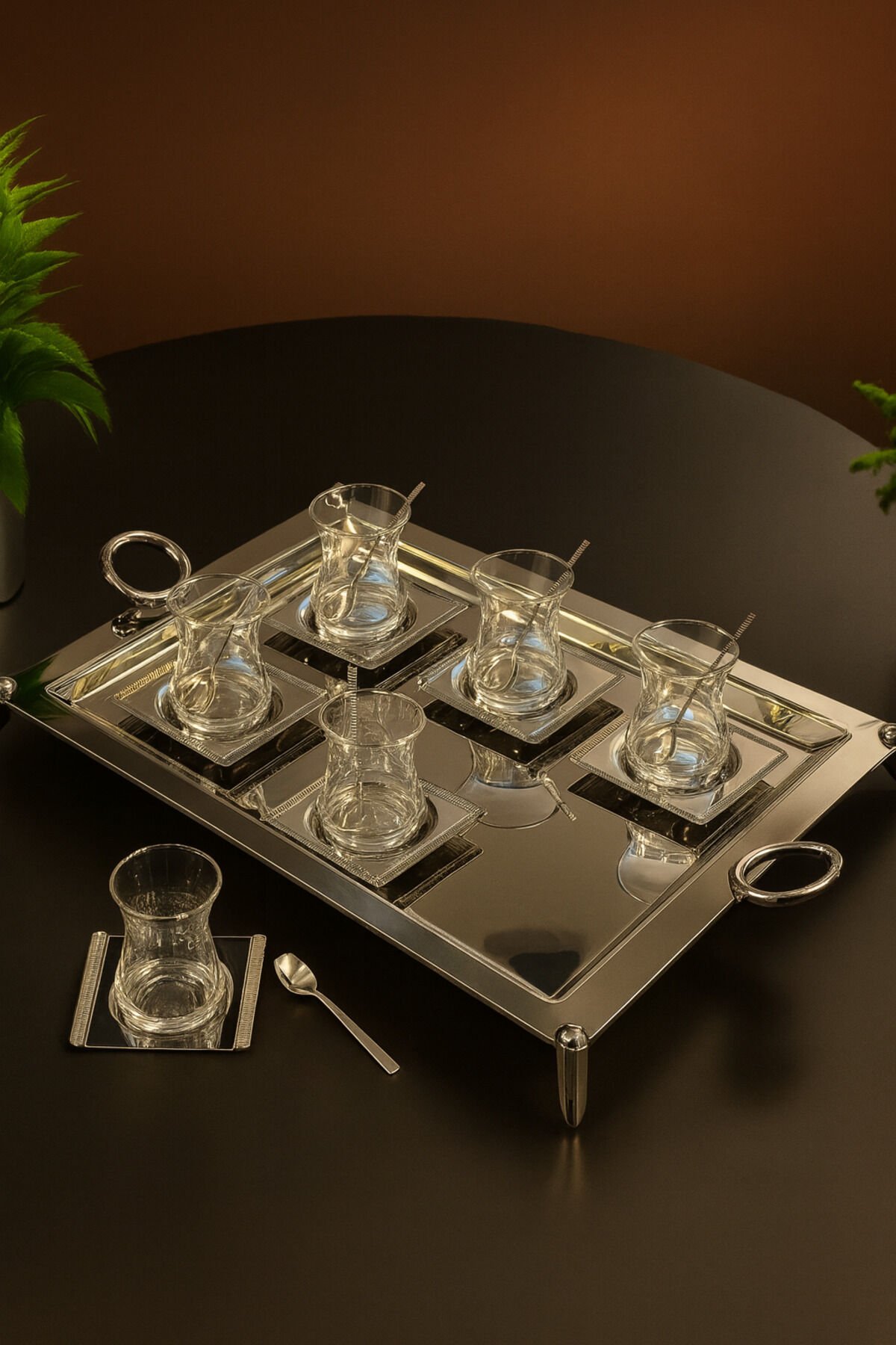 18/10 Paslanmaz Çelik Lüks Dikdörtgen Çay Kahve Servis Tepsisi 35x55 cm – Parlak Şık Sunumluk Gümüş