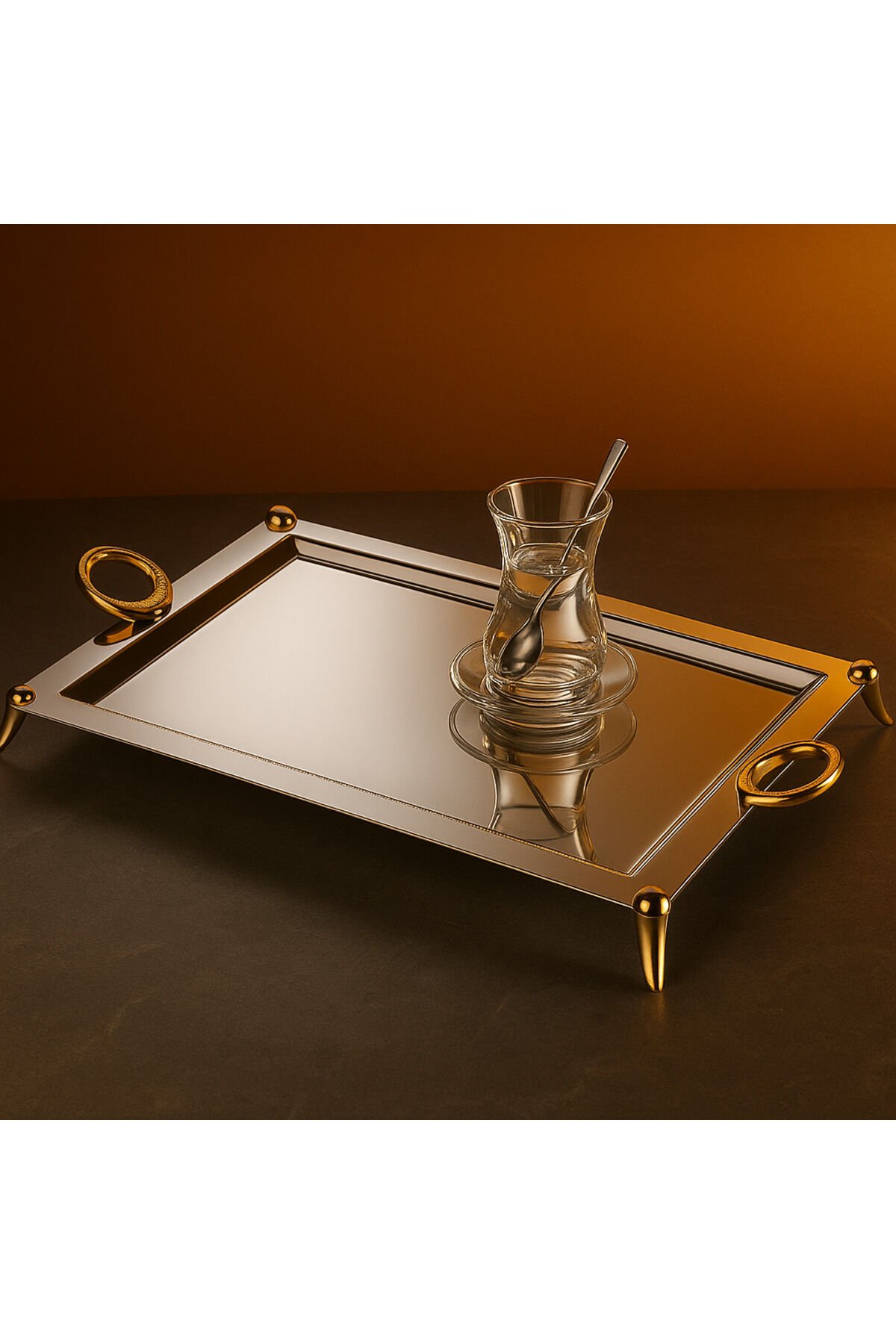 18/10 Paslanmaz Çelik Lüks Dikdörtgen Çay Kahve Servis Tepsisi 35x55 cm – Parlak Şık Sunumluk Altın