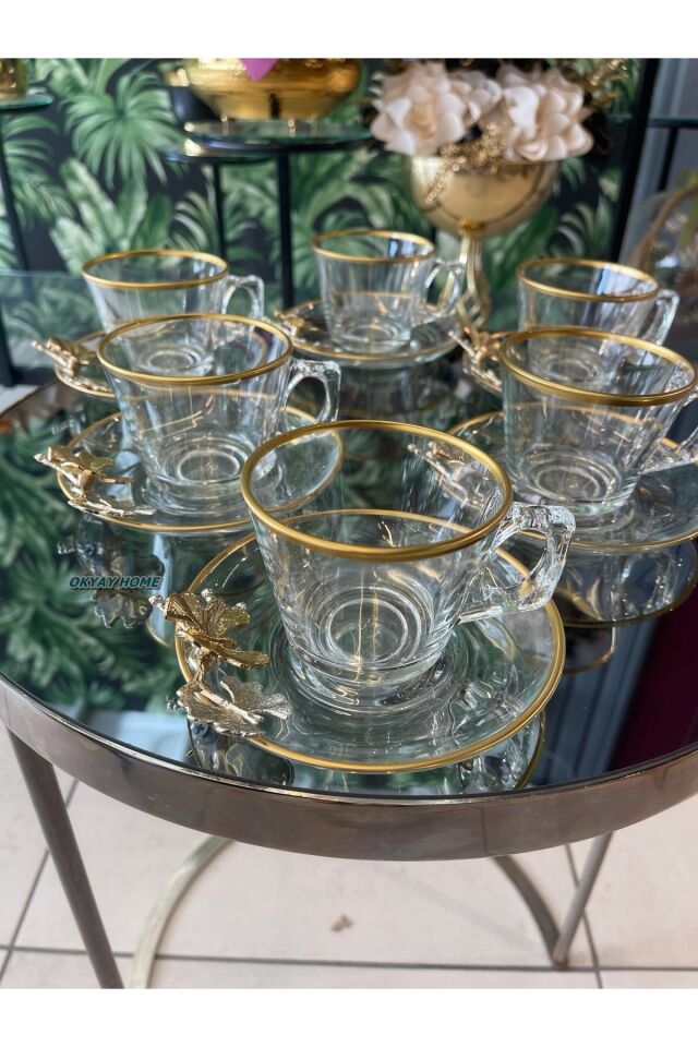 PAŞABAHÇE Vela Fincan Takımı  12 Parça 6 Kişilik KELEBEKLİ YALDIZLI Hediyelik Çeyizlik Şeffaf