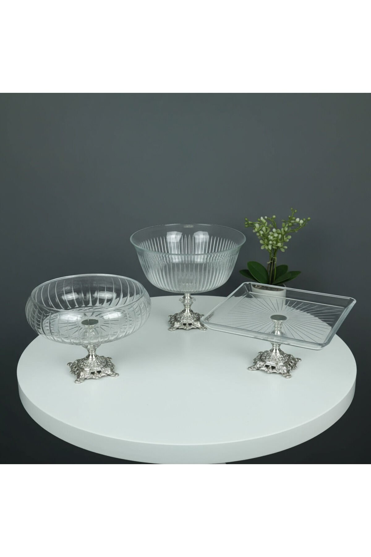 Gold Detaylı Metal ayak 4 parça sunum ve servis seti 3 Parça Gümüş