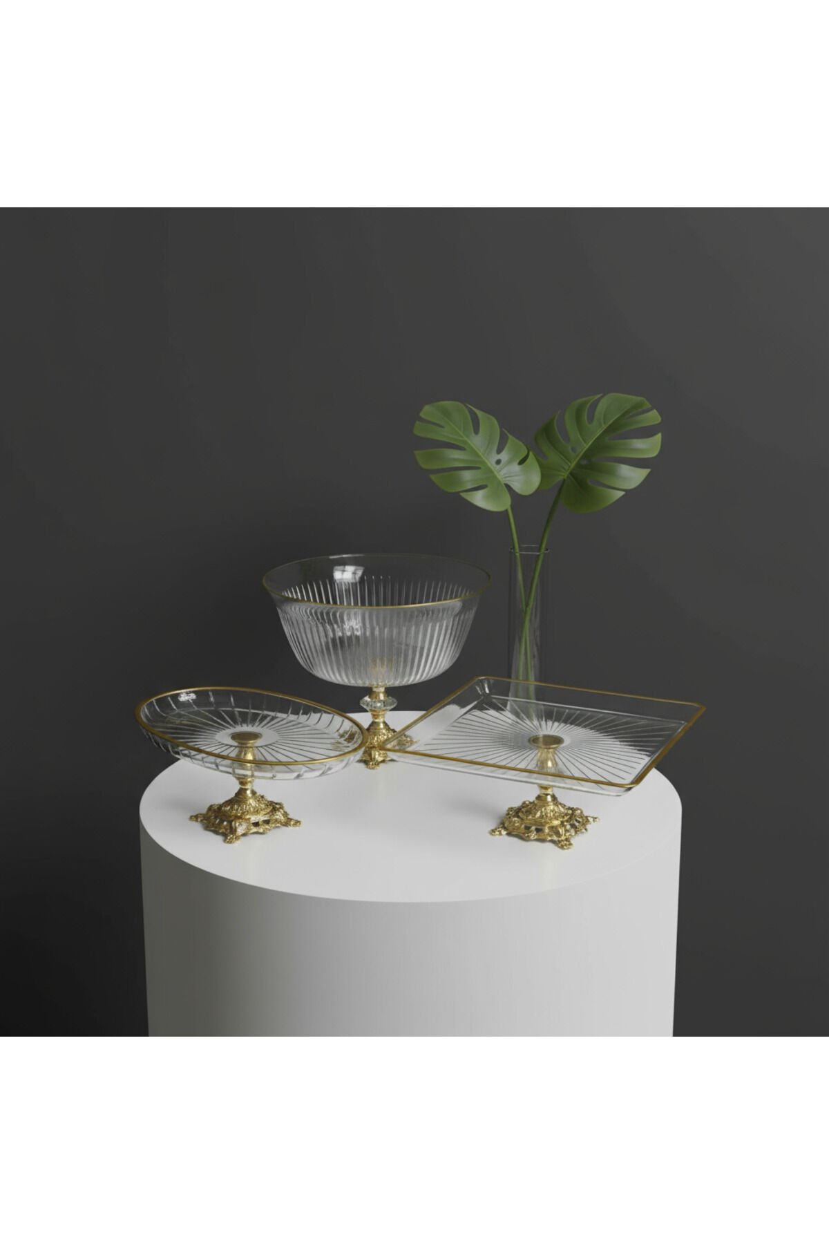 Gold Detaylı Metal ayak 4 parça sunum ve servis seti 3 Parça Gold