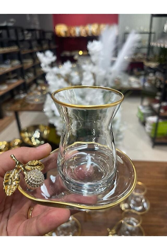 Yeni Model 6 Kişilik 12 Parça Gold Çay Seti , Çay Takımı , Hediyelik , Çeyizlik Şeffaf Altın