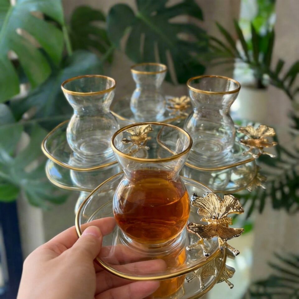 Lüx 6 Kişilik 12 Parça Kelebekli Gold Yaldızlı Çay Seti