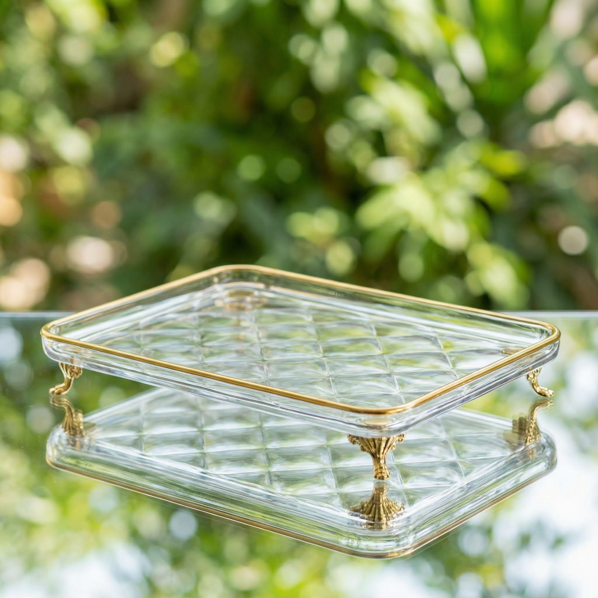 Ayaklı Cam Sunum Tepsisi Yaldız Detaylı Kahve Sunum & Lokumluk Çikolatalık & Dekoratif Servis