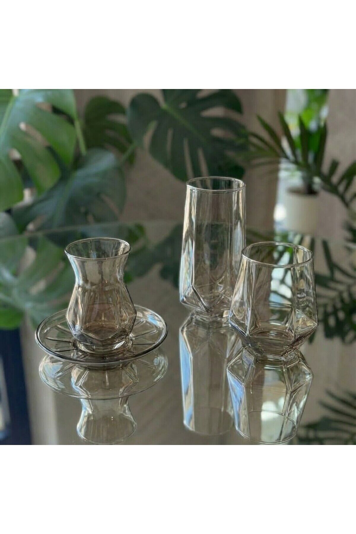 18 Parça Füme Cam Bardak Seti – 6 Çay Bardağı + 6 Uzun Su Bardağı + 6 Kısa Su Bardağı