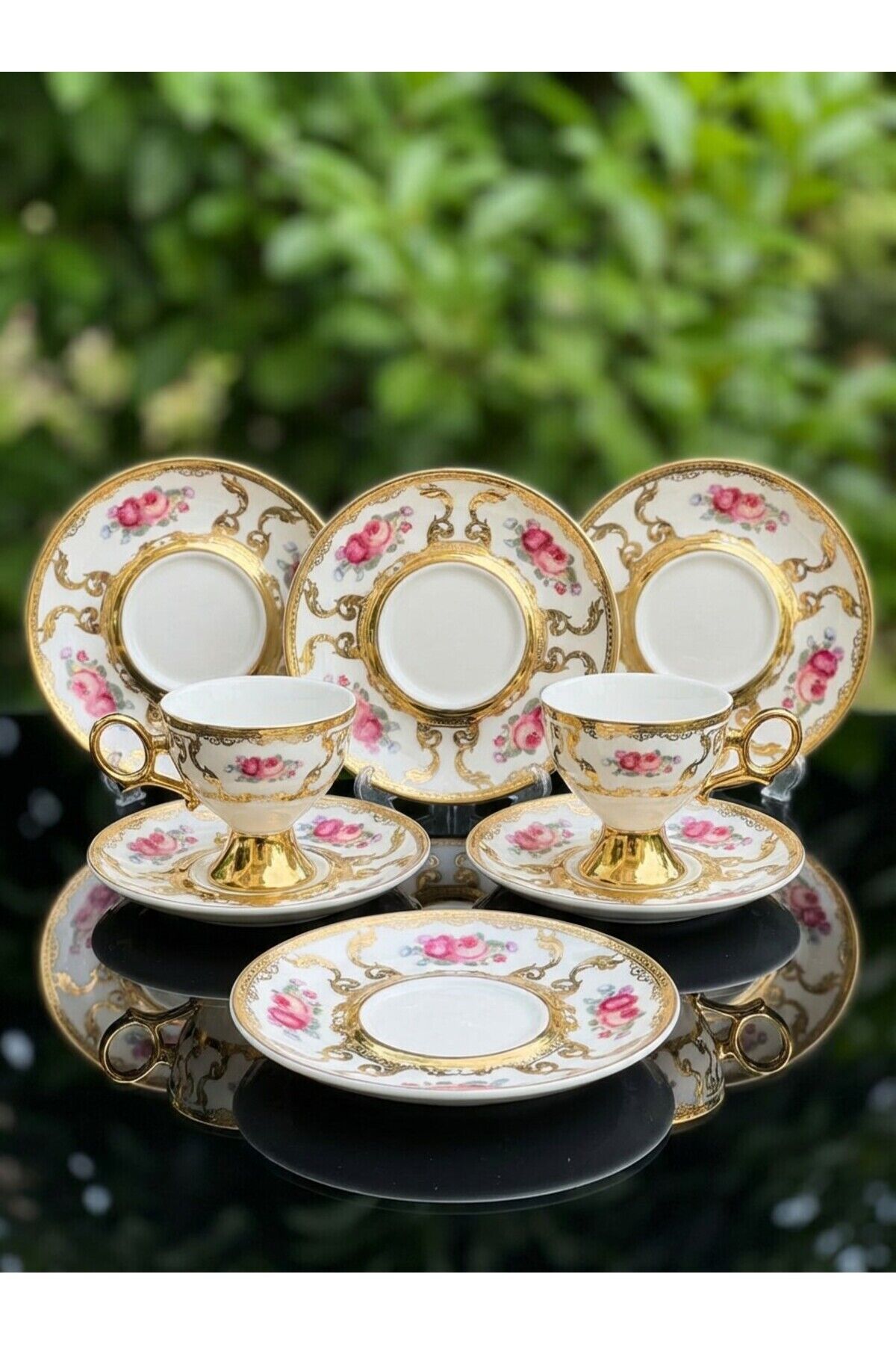 6 Kişilik 24K Altın Yaldızlı Porselen Lüx Kahve Fincanı Takımı | Çiçek Desenli