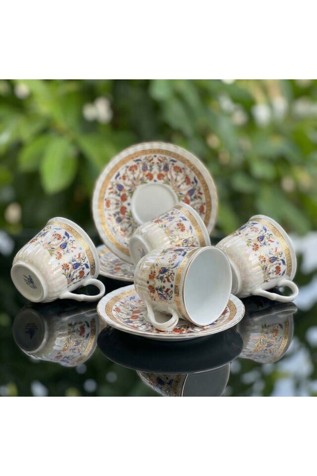 6 Kişilik Çini Desenli Altın Yaldızlı Porselen Çay ve Kahve Fincanı | Klasik Lüks Fincan