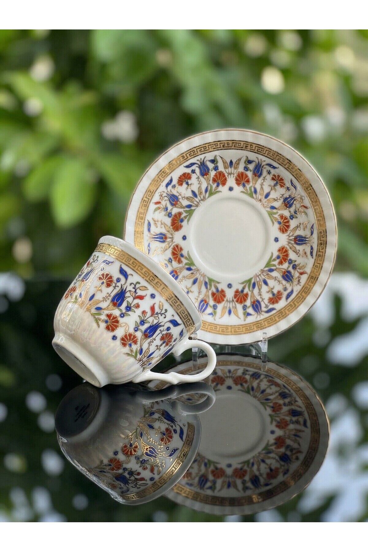 6 Kişilik Çini Desenli Altın Yaldızlı Porselen Çay ve Kahve Fincanı | Klasik Lüks Fincan