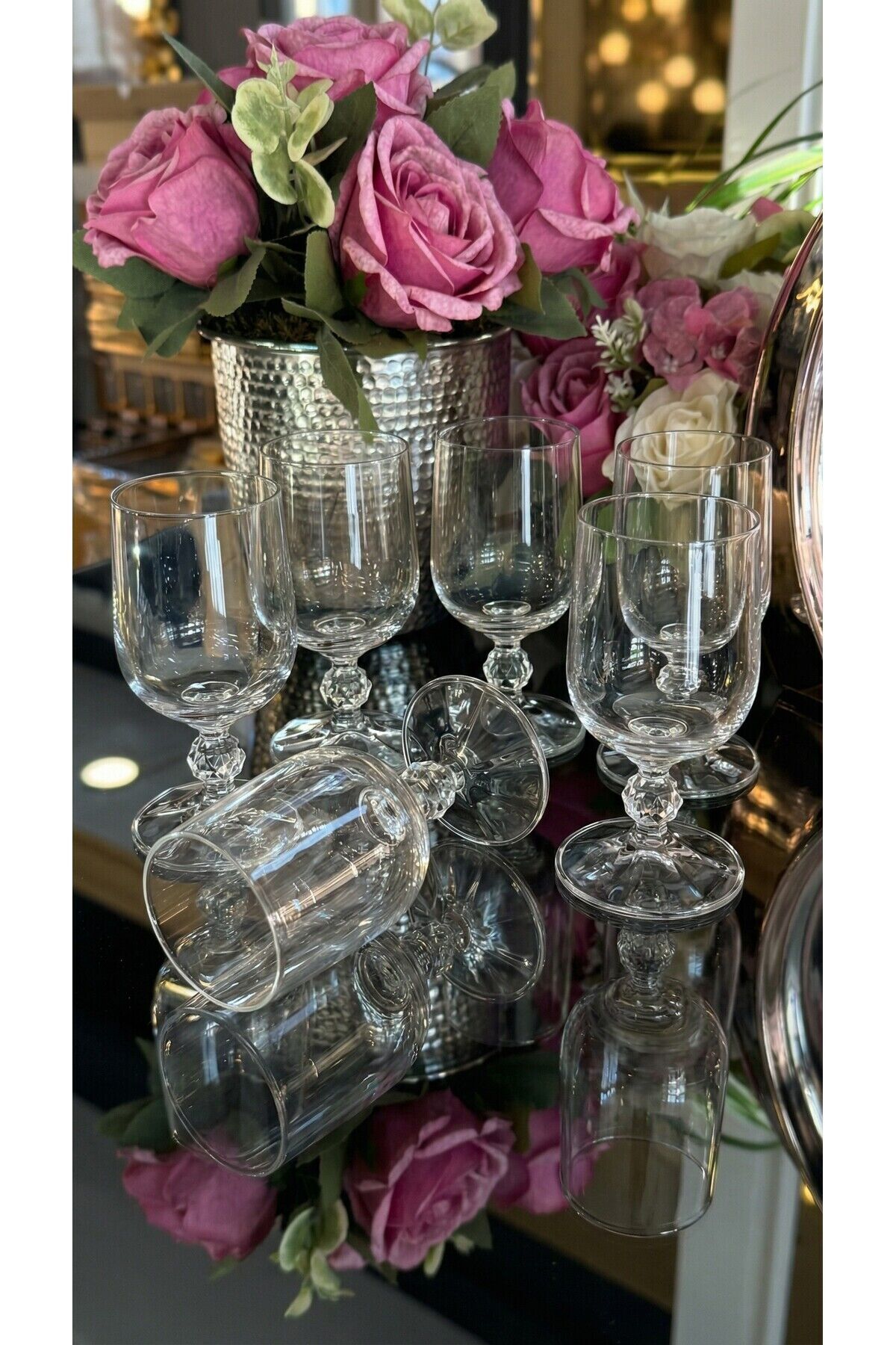 6’lı İnci/Çiçek Detaylı Gold Metal Süslemeli Ayaklı Cam Kahve Yani Kadeh Seti – Şık Sunum Bardakları Seffaf