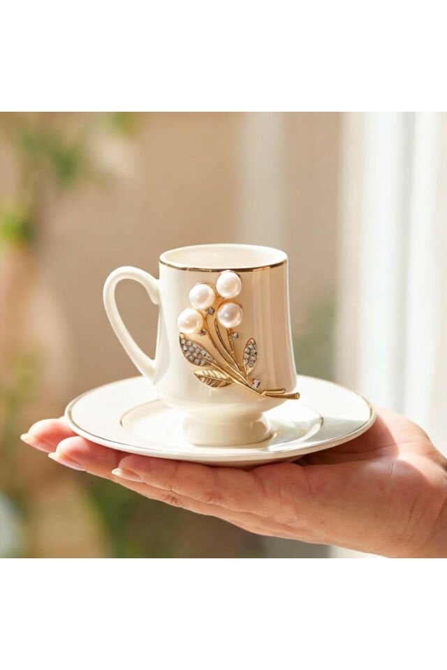 Gold Metal & İnci Çiçek Figürlü 12 Parça Bardak Fincan Seti | Şık Sunum İnci