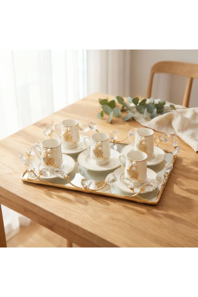 Gold Metal & İnci Çiçek Figürlü 12 Parça Bardak Fincan Seti | Şık Sunum İnci